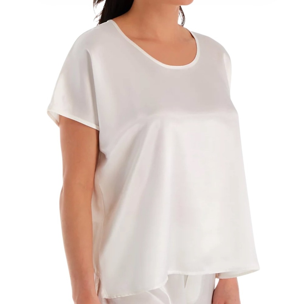 PJ HARLOW Roxxy Boxy Tee PEARL OFF-WHITE SATIN Blouse Top Minimalist Capsule XS